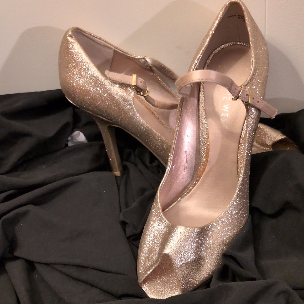 9 West Gold Glitter High Heels